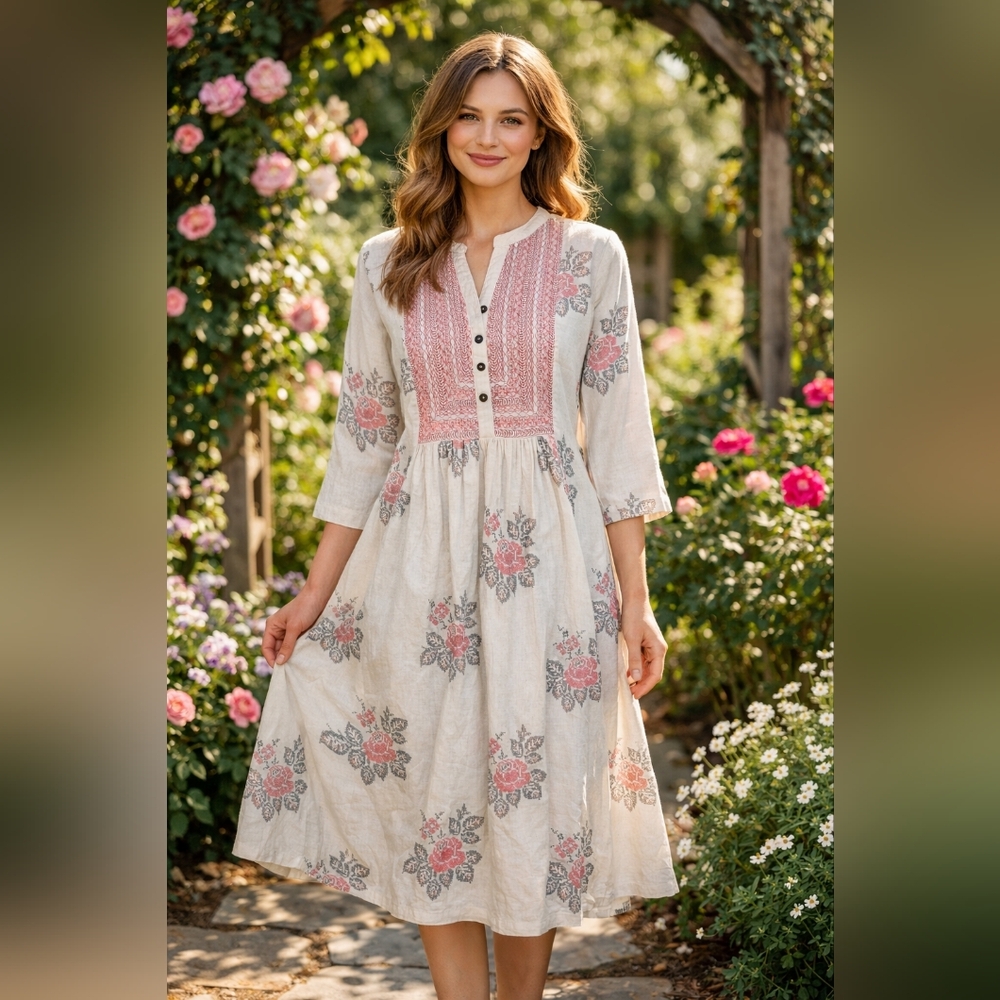 Utsa Women's Floral Embroidered Cotton Midi Dress Size Small Beige Pink Boho